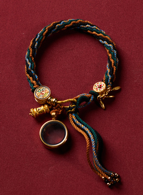 藏式手搓棉线手绳六字真言吊坠z可调节流苏手錬唐卡天珠民族风挂