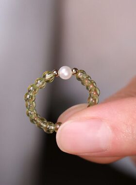 古风戒指女串珠石森系水晶橄榄绿色粗独特适合珍珠设计感的手天然