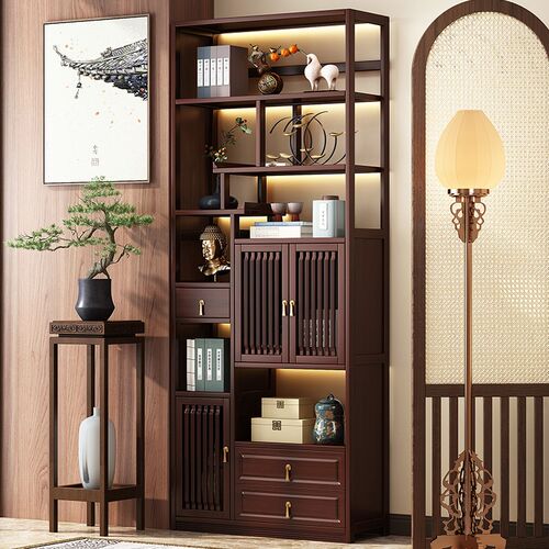 新中式博古架实木茶壶置物架子多宝阁茶具客厅摆件架子茶叶展示柜 - 图0