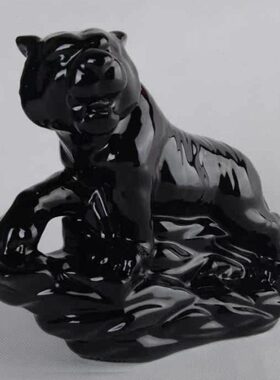 瓷老虎摆件玄关陶瓷工艺品客厅黑色制家居装饰品