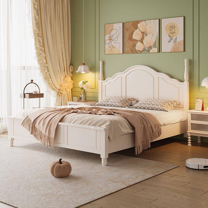 法式yf342奶油风实简木床现代1米8大床5架1.m女生卧约室白色美式 - 图0