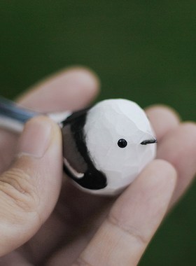 鹿妖商店 mini肥啾 木雕小鸟 礼物 灰蓝山雀 Q纯手工实木桌面摆件