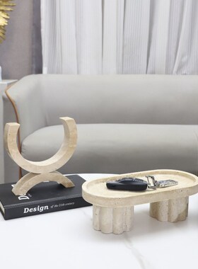 侘寂风天然黄洞石托盘大理石果盘摆件客厅茶几样板间玄关家居装饰