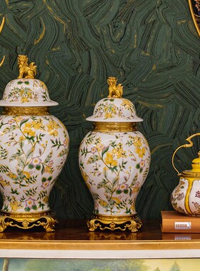 青花瓷中式花瓶国风陶瓷配铜别墅客厅高档摆件玄关隔断博古架装饰