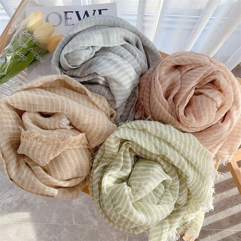 文艺风长款亚麻围巾女2024新款春夏季薄款条纹丝巾旅游拍照披肩潮,淘宝优惠券,粉丝福利购,淘宝优惠卷