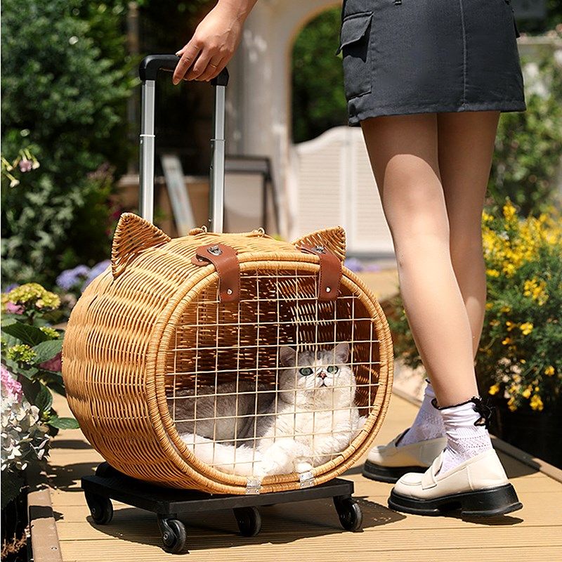 猫咪外出拉杆箱手工藤编窝皮革锁扣宠物防丢狗狗笼行李箱带滑轮子,淘宝优惠券,粉丝福利购,淘宝优惠卷