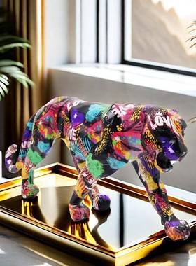 欧新款创炫彩猎豹动物工艺品20240322家居客厅摆意件玄关电视柜装