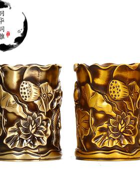 直供仿古古玩铜制370笔筒雕荷刻花叶创艺意摆件铜荷工品家居办公