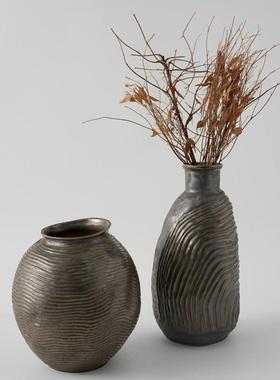 古铜色陶瓷花瓶复古做旧金属釉桌面摆件装饰艺品新中式