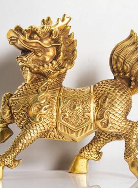 纯黄铜麒麟摆件一对全铜招财火麒麟大号财富开业乔迁卧室装饰精品