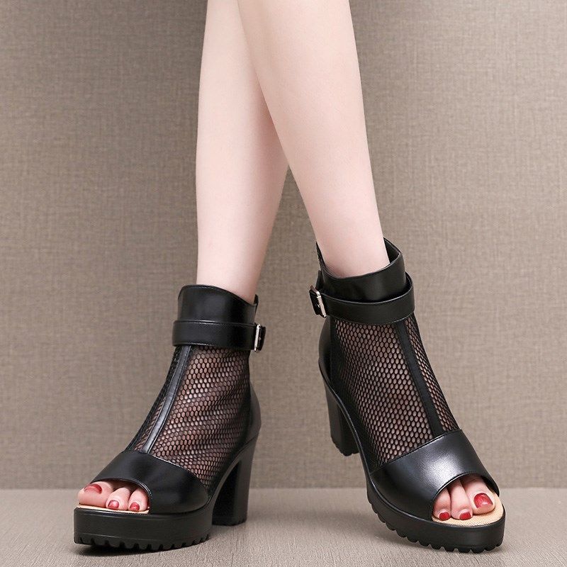 鱼嘴网纱凉鞋女夏季高跟防水台后拉链网面鞋时尚女款镂空透气凉靴,淘宝优惠券,粉丝福利购,淘宝优惠卷