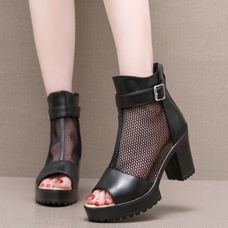 鱼嘴网纱凉鞋女夏季高跟防水台后拉链网面鞋时尚女款镂空透气凉靴,淘宝优惠券,粉丝福利购,淘宝优惠卷