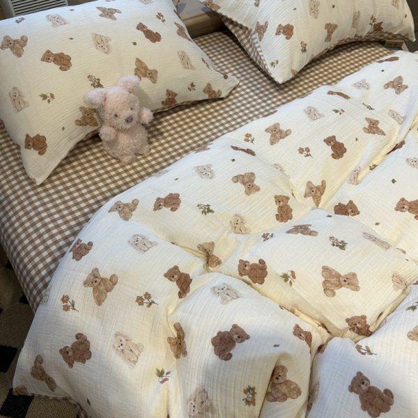 可爱小呆熊 | 卡通双层皱皱纱格子水洗棉四件套全棉公寓床上用品,淘宝优惠券,粉丝福利购,淘宝优惠卷