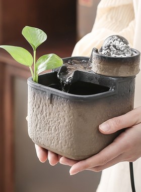 小型方池桌面陶瓷流水摆件招财喷泉现代茶桌茶台循环转运球水景