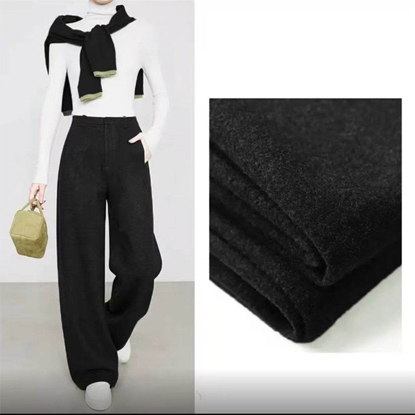 榉木绿醋酸羊毛阔腿裤女秋冬季2025新款加厚高腰抗皱休闲直筒裤子,淘宝优惠券,粉丝福利购,淘宝优惠卷