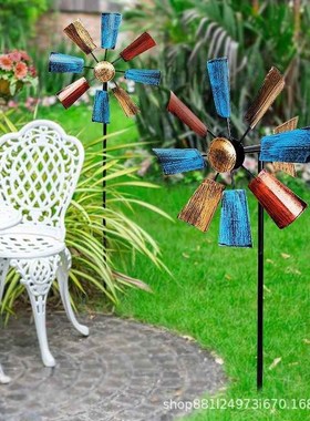 欧式简约纯手工铁艺风车装饰品插件公K园天台园林户外摆件铁制