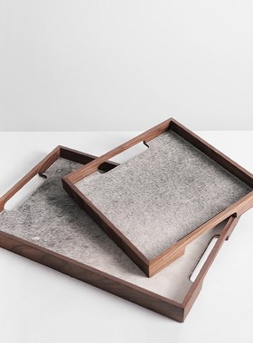 轻奢浅灰胡桃木真皮马毛托盘装饰盘收纳盘客厅家居U样板房软装摆