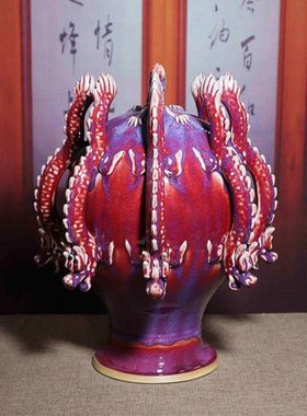 禹州钧瓷花瓶古典中式家居办公室台面工艺品陶瓷器装饰摆件九龙尊