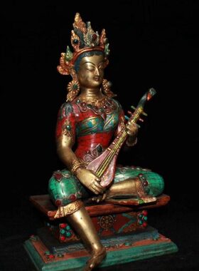 纯铜彩绘妙音天女铜像摆件尼泊尔手工镶嵌宝石妙音观音妙音天母