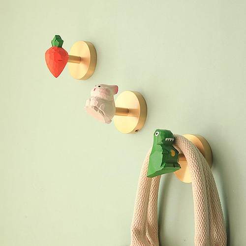 手工实木卡通可爱动物黄铜胡桃木玄关挂钩免打孔收纳挂衣钩黏钩 - 图2