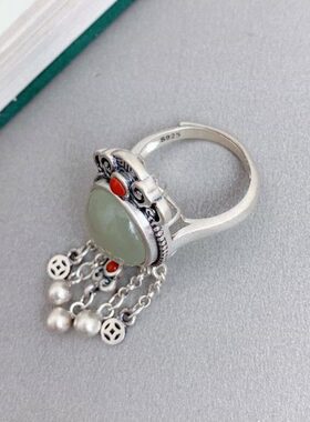 蛋面流苏戒指环复古风民族风女款个性百搭开口可调节大气质高级感