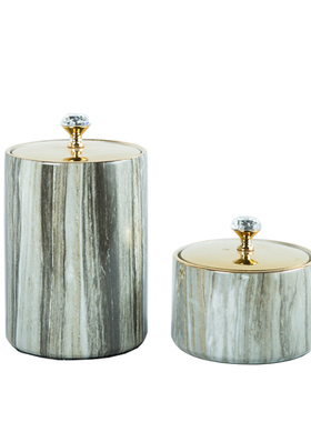 现代轻奢创意灰色大理石纹陶x瓷储物罐装饰裂纹盖罐摆件家居工艺