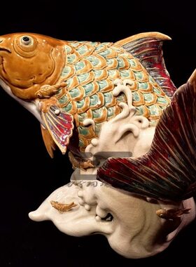 陶瓷石湾公仔创意鲤鱼风生水起商铺家居客厅装饰中式禅意摆件