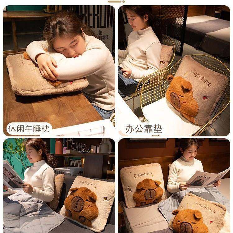 水豚抱枕被子用加厚办室靠枕折叠午睡公子枕头HZZ毯二合一汽两车 - 图3