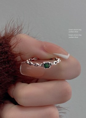 镂空链条几何S925银戒指女复古时尚绿色锆M石开口指环气质食指戒