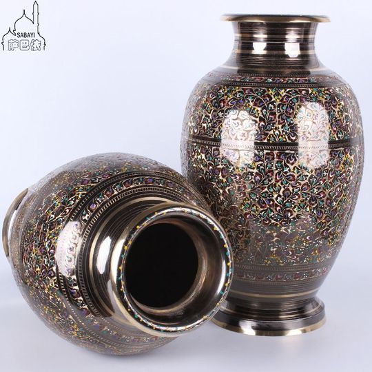 Pakistani copper 16-inch hand-carved colorful dot altar vase retro N big belly copper vase home decoration