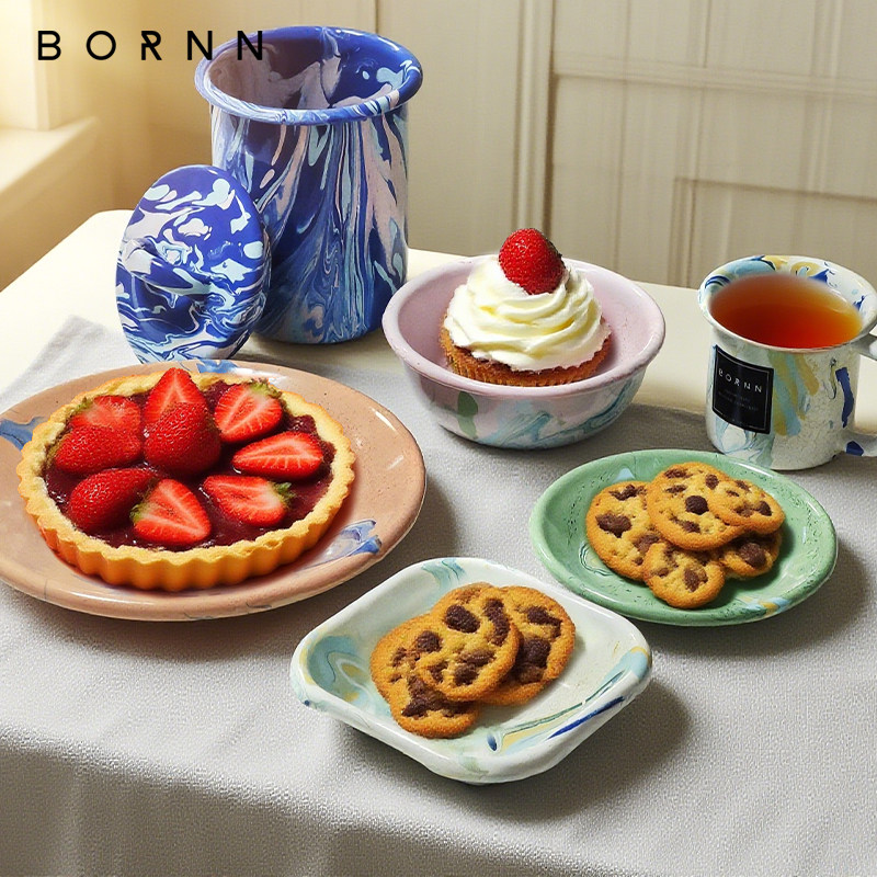 土耳其BORNN搪瓷餐具套装 手工珐琅彩餐盘碗杯壶