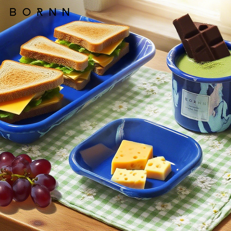 土耳其bornn搪瓷餐具套装 大理石纹餐盘马克杯燕麦碗方盘