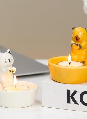 可爱烤手小猫香薰蜡烛烛台礼盒送女朋友闺蜜生日礼物桌面装饰摆件