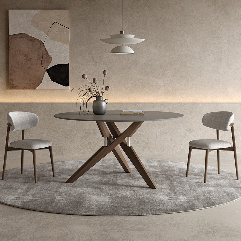 Solid wood round table slate dining table round with turntable modern simple wabi-sabi M style ash wood walnut color branch dining table