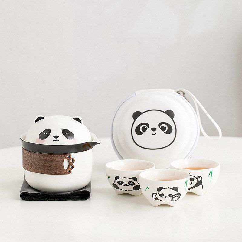 Cute Panda Travel Tea Set Ceramic Portable Quick Cup One Pot Three Cups Outdoor Camping Teapot Tea Cup