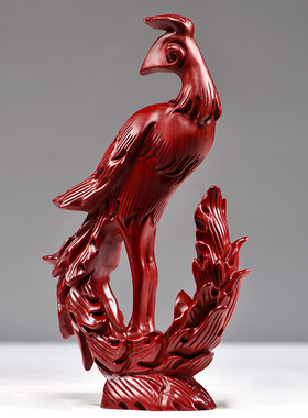 红花梨木质凤凰摆件红色火凤凰实木制雕刻客厅红木新婚乔迁送礼品