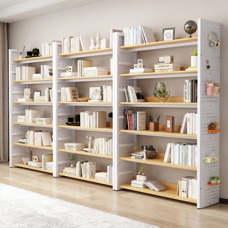 Bookshelf floor-standing multi-layer storage cabinet simple steel-wood storage rack hole J plate iron storage rack bookcase storage rack