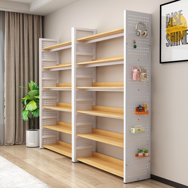 Bookshelf floor-standing multi-layer storage cabinet simple steel-wood storage rack hole J plate iron storage rack bookcase storage rack