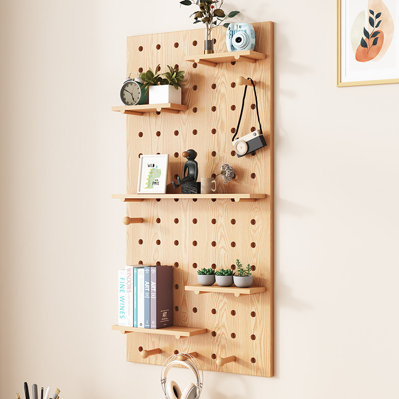 Solid wood hole board custom wall storage rack hanging board decorative partition storage rack storage rack wooden bookcase wall