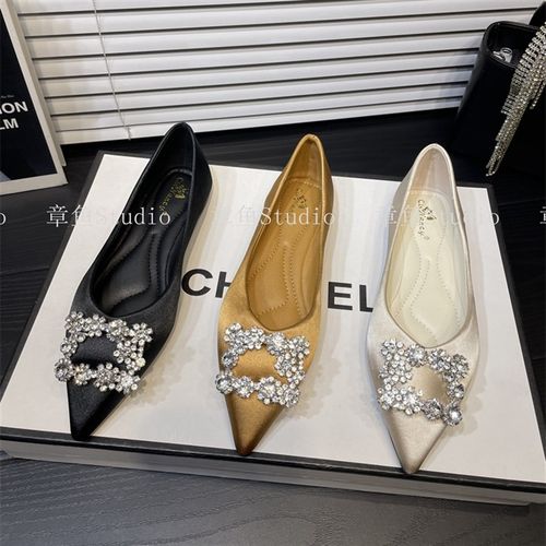 高级感尖头单鞋显气质缎面软底平跟女鞋新款水钻韩版浅口平底鞋女 - 图3