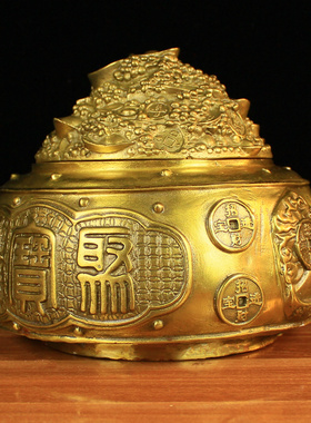 纯铜聚宝盆带盖子铜盆摆件家居玄关开业礼品盆家居客厅摆件