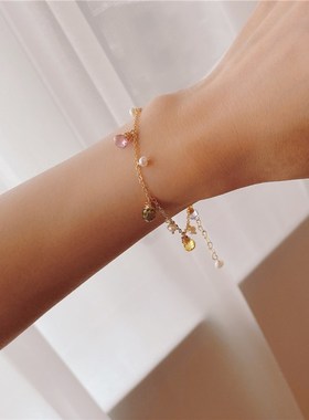 日韩夏季森系手镯天然珍珠彩色水晶锆石手链镀14K金色手环首饰品