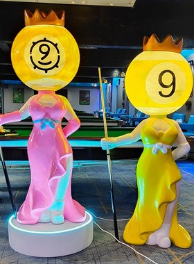 网红卡通黑八台球公仔发光玻璃钢雕塑大摆件台球厅俱乐部开业装饰