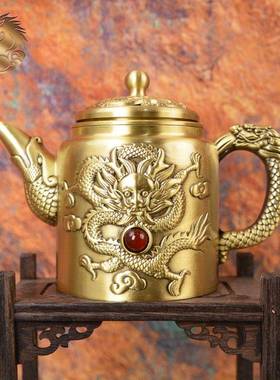 达宏全黄铜宝石茶壶龙凤铜呈祥红绿宝石铜茶创意文玩壶壶礼品摆件