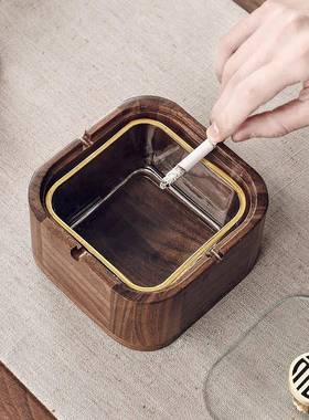 胡JD100765桃木灰意实木烟缸用客厅带盖防飞灰创办公室玻璃高端家