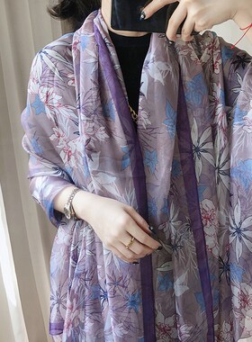 新款丝巾女春秋薄款多功能外搭海边时F尚防晒大披肩沙滩巾纱巾围