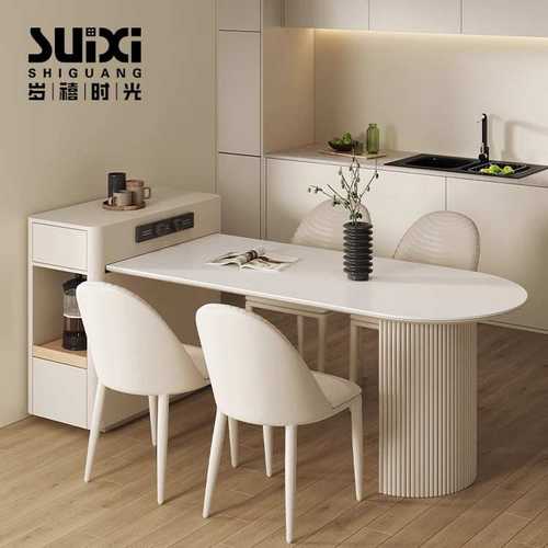 奶油风白色可伸缩岛台餐桌一体现代简约小户型高端法式岩板餐桌 - 图0