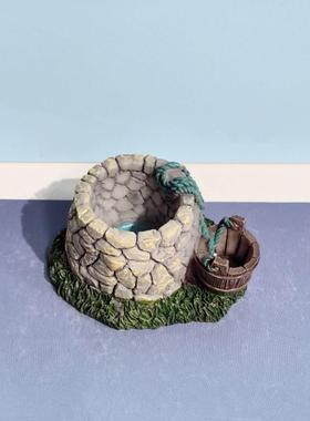 石头井屋檐轱辘打水中式古代迷你建筑模型微景观花盆多肉沙盘装饰