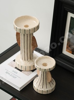 中古风陶瓷手绘线条烛台样板间售楼处玄关柜茶几软装饰品摆件