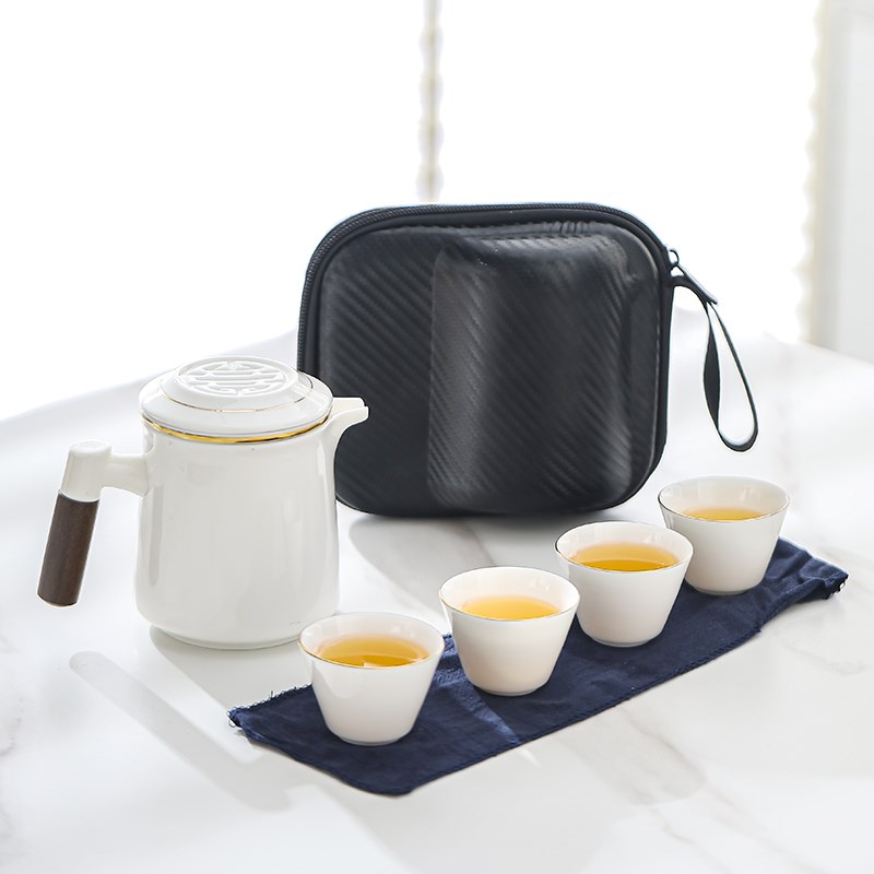 Portable travel tea set set mutton fat jade porcelain tea cup anti-scalding with tea tray simple camping quick cup for business trip